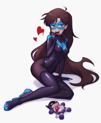 Rule 34 | 1girl, arm support, batman, batman (series), batrobin k, black footwear, black leotard, blood, blood in mouth, blue eyes, boots, breasts, brown hair, character doll, dc comics, fangs, highres, large breasts, leotard, long hair, looking at viewer, nightwing, red pupils, sitting, smile, solo, teeth, thigh boots, upper teeth only