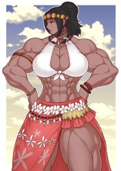 Rule 34 | 1girl, absurdres, armlet, bracelet, braid, breasts, choker, commission, dark skin, dark-skinned female, extreme muscles, hands on own hips, head wreath, highres, jewelry, large breasts, muscle, muscular, muscular female, necklace, original, pinkdiablo, red eyes, sarong, scar on face, solo, thick thighs, thighs