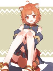 Rule 34 | :d, absurdres, ahoge, animal ears, bare shoulders, breasts, cleavage, cleavage cutout, clothing cutout, detached sleeves, fang, hair ornament, hairclip, highres, long sleeves, nijisanji, open mouth, ratna petit, rb2, red eyes, red hair, short hair, sitting, smile, solo, tail, virtual youtuber