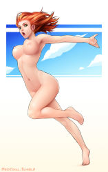 Rule 34 | 1girl, bad id, bad tumblr id, barefoot, breasts, feet, green eyes, highres, large breasts, lips, navel, neocoill, nipples, nude, open mouth, orange hair, original, outstretched arm, palms, running, solo, toes, watermark, web address