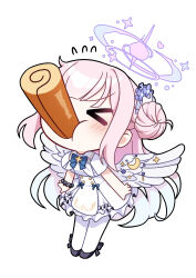 Rule 34 | absurdres, alfie (tmdals7645), angel wings, blue archive, blush, chibi, cinnamon roll, dress, food in mouth, halo, highres, mika (blue archive), pantyhose, pink hair, simple background, white background, white dress, wings