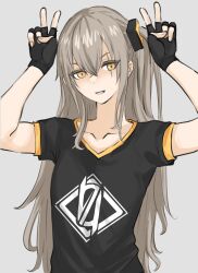 Rule 34 | 1girl, 404 logo (girls&#039; frontline), :d, absurdres, arms up, black gloves, black shirt, brown eyes, brown hair, collared shirt, commentary request, double v, fingerless gloves, fuku (fuku12290574), girls&#039; frontline, gloves, grey background, grin, highres, long hair, looking at viewer, open mouth, scar, scar across eye, shirt, simple background, smile, solo, teeth, ump45 (girls&#039; frontline), upper body, v