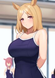 Rule 34 | 3girls, absurdres, animal ears, arms behind back, blonde hair, blurry, blurry background, breasts, highres, horse ears, horse girl, hukahito, large breasts, looking at viewer, multiple girls, narita top road (umamusume), red eyes, short hair, solo focus, tracen swimsuit, umamusume