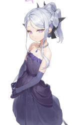 Rule 34 | 1girl, absurdres, bare shoulders, black horns, blue archive, closed mouth, cotta (heleif), demon horns, dress, earrings, elbow gloves, gloves, grey hair, halo, highres, hina (blue archive), hina (dress) (blue archive), horns, jewelry, long hair, looking at viewer, multiple horns, necklace, official alternate costume, official alternate hairstyle, purple dress, purple eyes, purple gloves, solo, strapless, strapless dress, white background