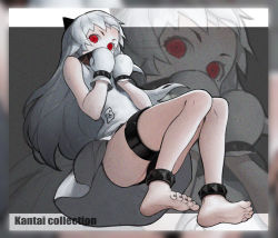 Rule 34 | 10s, 1girl, abyssal ship, ankle cuffs, bad id, bad pixiv id, barefoot, black nails, black panties, copyright name, covered mouth, dress, feet, full body, horns, kantai collection, knees together feet apart, long hair, lu ying, mittens, nail polish, northern ocean princess, panties, pantyshot, red eyes, sleeveless, sleeveless dress, soles, solo, thigh strap, toenail polish, toenails, toes, underwear, upskirt, white hair, zoom layer
