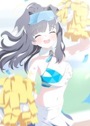 Rule 34 | 1girl, absurdres, animal ears, black hair, blue archive, blush, breasts, cleavage, confetti, dog ears, goggles, goggles on head, halo, hibiki (blue archive), hibiki (cheer squad) (blue archive), highres, holding, holding pom poms, medium breasts, millennium cheerleader outfit (blue archive), miniskirt, motion blur, navel, outdoors, pleated skirt, pom pom (cheerleading), pom poms, ponytail, ringo ame (umsf2734), skirt, smile, solo, star sticker, sticker on arm, sticker on face