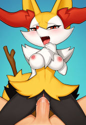 Rule 34 | 1boy, 1girl, animal ear fluff, animal ears, animal nose, arm behind back, black fur, blue background, blush, braixen, breasts, clitoral hood, clitoris, completely nude, creatures (company), drooling, erection, fangs, fox ears, fox girl, fox tail, furry, furry female, furry with non-furry, game freak, gen 6 pokemon, girl on top, half-closed eyes, hand to own mouth, hand up, hetero, highres, interspecies, loodncrood, looking at viewer, medium breasts, multicolored fur, navel, neck fur, nintendo, nipples, nude, penis, pokemon, pokemon (creature), pov, pussy, pussy juice, red eyes, saliva, sex, simple background, snout, solo focus, spread legs, stick, stomach, tail, tongue, tongue out, uncensored, vaginal, veins, veiny penis, white fur, yellow fur