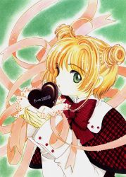 Rule 34 | 1990s (style), 1girl, ahoge, bow, bowtie, candy, cardcaptor sakura, character name, child, chocolate, chocolate heart, clamp, food, green background, heart, kinomoto sakura, marker (medium), official art, retro artstyle, ribbon, solo, striped bow, striped bowtie, striped clothes, traditional media, valentine