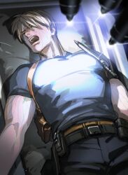 Rule 34 | 1boy, belt, black belt, black pants, blonde hair, blue shirt, brown belt, buckle, closed eyes, harness, injury, knife, knife sheath, leon s. kennedy, lying, male focus, multiple belts, on back, open mouth, pants, parted bangs, resident evil, resident evil 4, resident evil 4 (remake), restrained, sheath, shirt, short hair, short sleeves, snap-fit buckle, tatsumi (psmhbpiuczn), tight clothes, tight shirt, todoroki shouto, toned, toned male