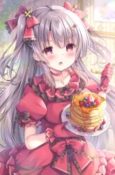 Rule 34 | 1girl, black bow, blueberry, blush, bow, breasts, butter, choker, dress, earrings, flower, flower earrings, food, fork, fruit, grey hair, hair bow, highres, holding, holding fork, holding plate, indoors, jewelry, kouta., long hair, looking at viewer, medium breasts, open mouth, original, pancake, pancake stack, plate, puffy short sleeves, puffy sleeves, raspberry, red bow, red choker, red dress, red eyes, red flower, red rose, rose, short sleeves, solo, strawberry, two side up, very long hair