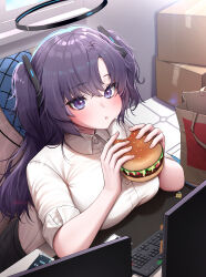 Rule 34 | 1girl, :t, absurdres, blue archive, blush, box, breasts, burger, cardboard box, doyoon 7, eating, food, halo, highres, holding, holding food, indoors, keyboard (computer), large breasts, looking at viewer, monitor, pout, purple eyes, purple hair, shirt, sitting, solo, two side up, white shirt, yuuka (blue archive)