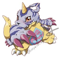 Rule 34 | blue fur, digimon, digimon (creature), full body, gabumon, highres, horns, kkugu (9999 td), no humans, red eyes, reptile, sharp teeth, simple background, single horn, solo, teeth, twitter username, white background