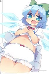 Rule 34 | bad id, bad twitter id, bloomers, blue dress, bow, cirno, clothes lift, dress, dress lift, hair bow, ice, ice wings, looking at viewer, matatabi (nigatsu), simple background, skirt, skirt lift, solo, touhou, underwear, white background, wings
