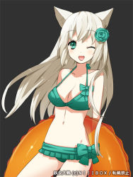 Rule 34 | 1girl, animal ears, arms behind back, bikini, breasts, cat ears, green eyes, innertube, long hair, looking at viewer, mami (apsaras), one eye closed, open mouth, simple background, smile, solo, swim ring, swimsuit, wink, youjo taisen