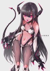Rule 34 | 1girl, :p, bad id, bad pixiv id, bare shoulders, bikini, bikini top only, black hair, blunt bangs, cancell, claws, collar, demon girl, elbow gloves, gloves, grey background, highres, horns, long hair, looking at viewer, navel, original, pantyhose, pink eyes, simple background, solo, standing, swimsuit, tail, tongue, tongue out