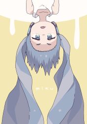 Rule 34 | 1girl, bare shoulders, blue eyes, blue hair, character name, hatsune miku, highres, icon 315, long hair, open mouth, solo, tank top, twintails, upper body, upside-down, vocaloid, white tank top, yellow background