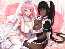 Rule 34 | 2girls, :d, absurdres, apron, ass, bare shoulders, bed, bed sheet, black dress, black hair, blush, breast press, breasts, bridal veil, cleavage, cleavage cutout, clothing cutout, dark-skinned female, dark skin, dress, elbow gloves, frills, garter belt, garter straps, gloves, highres, large breasts, long hair, looking at viewer, maid, maid headdress, multiple girls, navel, on bed, open mouth, original, panties, pillow, pink eyes, pink hair, ponytail, puffy short sleeves, puffy sleeves, purple eyes, short dress, short sleeves, sitting, smile, teeth, thighhighs, thighs, thong, tiara, underwear, untue, upper teeth only, veil, very long hair, waist apron, white apron, white dress, white gloves, white thighhighs