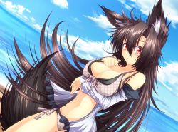 Rule 34 | 1girl, animal ears, bikini, black hair, breast hold, breasts, cleavage, cloud, day, desukingu, dress, dutch angle, front-tie top, g (genesis1556), imaizumi kagerou, large breasts, long hair, looking at viewer, navel, open clothes, open dress, red eyes, revision, side-tie bikini bottom, side-tie bottom, sky, solo, strap pull, swimsuit, tail, touhou, very long hair, wolf ears, wolf tail