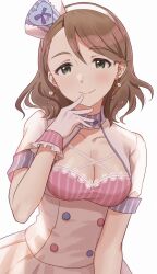 Rule 34 | 1girl, blush, breasts, brown hair, cleavage, collarbone, dress, earrings, emu (emum), finger to mouth, gloves, green eyes, hand up, hat, highres, idolmaster, idolmaster cinderella girls, idolmaster cinderella girls starlight stage, jewelry, large breasts, looking at viewer, medium hair, revision, smile, solo, white gloves, yanagi kiyora