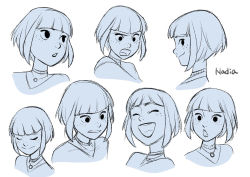 Rule 34 | 1girl, blue theme, blunt bangs, bob cut, character name, choker, clenched teeth, closed eyes, expression chart, expressions, freckles, grey theme, gurihiru, highres, jewelry, looking at viewer, marvel, monochrome, nadia van dyne, necklace, official art, open mouth, round teeth, short hair, simple background, smile, teeth, tongue, white background