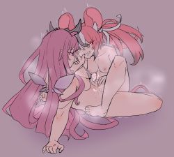 Rule 34 | 2girls, animal ears, arms behind back, blush, breasts, collarbone, completely nude, demon girl, demon horns, detached wings, female masturbation, finger to mouth, fingering, girl on top, hair ornament, hakos baelz, heart, heart-shaped pupils, hololive, hololive english, horns, irys (hololive), long hair, looking at another, lying, masturbation, medium breasts, medium hair, mini wings, moral cacoethes, mouse ears, mouse girl, multicolored hair, multiple girls, multiple horns, nipples, nude, on back, pointy ears, red hair, saliva, saliva trail, sharp teeth, simple background, spread legs, steam, symbol-shaped pupils, tears, teeth, trembling, tribadism, twintails, very long hair, virtual youtuber, wings, yuri
