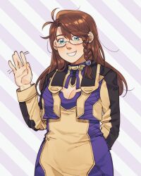 Rule 34 | 1girl, absurdres, arm behind back, blue eyes, braided sidelock, breasts, brown hair, cleavage, commentary, commission, english commentary, glasses, highres, johan (deathamaranth), long hair, looking at viewer, purple background, shion uzuki, smile, solo, standing, two-tone background, waving, white background, xenosaga