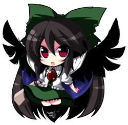 1girl black_hair bow chibi crazy_developers female_focus full_body hair_bow long_hair red_eyes reiuji_utsuho simple_background solo touhou white_background wings