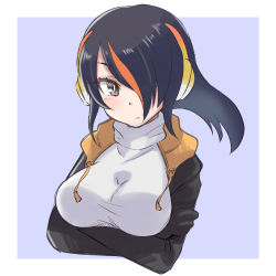Rule 34 | 1girl, black hair, black sweater, brown eyes, commentary request, crossed arms, drawstring, emperor penguin (kemono friends), hair over one eye, headphones, highres, hood, hood down, kemono friends, looking at viewer, multicolored hair, orange hair, penguin girl, sakutatsu, short hair, solo, streaked hair, sweater, two-tone sweater, upper body, white hair, white sweater