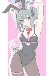 Rule 34 | 2girls, alternate costume, animal ear fluff, animal ears, armpits, black leotard, blue archive, blue eyes, blue halo, blush, bow, bowtie, breasts, brown pantyhose, camera, cleavage, closed mouth, clothing cutout, covered navel, cross hair ornament, detached collar, fake animal ears, grey hair, hair ornament, halo, heart cutout, highres, holding, holding camera, hoshino (blue archive), leotard, looking at viewer, masabodo, medium breasts, mismatched pupils, multiple girls, pantyhose, pink background, pink hair, rabbit ears, red bow, red bowtie, shiroko (blue archive), simple background, smile, standing, thigh strap, two-tone background, white background, yellow eyes