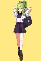 Rule 34 | 1girl, adjusting hair, alternate costume, arms behind head, bag, breast pocket, breasts, brown footwear, collared shirt, crop top, full body, genshin impact, green hair, hair ornament, hair ribbon, hair tie in mouth, high-waist skirt, high ponytail, highres, kuki shinobu, loafers, looking down, mouth hold, open clothes, open shirt, plaid, plaid skirt, pleated skirt, pocket, purple eyes, purple socks, ribbon, school bag, shirt, shirt tucked in, shoes, shoulder bag, sidelocks, simple background, skirt, sleeves pushed up, small breasts, socks, solo, standing, stomach, thighs, utori (tanakautori), white shirt, yellow background