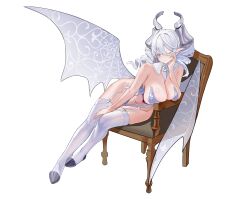 1girl absurdres blush breasts cleavage demon_girl demon_horns demon_wings drill_hair duel_monster grey_eyes grey_hair highres horns large_breasts liuli_xiao lovely_labrynth_of_the_silver_castle low_wings multiple_wings pointy_ears solo thighhighs transparent_wings twin_drills twintails white_hair white_horns wings yu-gi-oh!