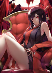 Rule 34 | 1girl, akame (akame ga kill!), akame ga kill!, arm guards, artist name, bad id, bad pixiv id, bare legs, bare shoulders, between legs, black dress, black hair, bow, breasts, commentary, dress, english commentary, feet out of frame, full moon, gainoob, hand between legs, knees up, long hair, looking at viewer, medium breasts, moon, necktie, parted lips, red eyes, red necktie, serious, sheath, sheathed, sitting, solo, straight hair, sword, thighs, throne, v-shaped eyebrows, very long hair, waist bow, weapon