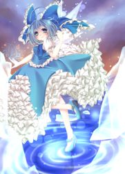 Rule 34 | 1girl, antenna hair, blue eyes, blue hair, blush, bow, cirno, dress, fetefeteli, frills, hair bow, ice, ice wings, matching hair/eyes, petticoat, puffy sleeves, ripples, short hair, short sleeves, smile, solo, touhou, wings