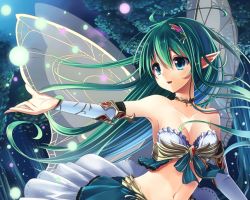 Rule 34 | 1girl, blue eyes, breasts, cleavage, elbow gloves, fairy, fairy wings, female focus, gloves, green hair, hair ornament, jewelry, lineart, long hair, looking to the side, magic, medium breasts, midriff, navel, night, open mouth, original, outdoors, pointy ears, ring, single glove, skirt, smile, solo, sparkle, taletale, tree, very long hair, wings