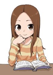 Rule 34 | 10s, 1girl, absurdres, book, brown eyes, brown hair, closed mouth, commentary request, desk, hand on own chin, highres, holding, holding book, karakai jouzu no takagi-san, long sleeves, looking at viewer, parted bangs, shirt, simple background, sitting, smile, solo, striped clothes, striped shirt, takagi-san, white background, yamamoto souichirou
