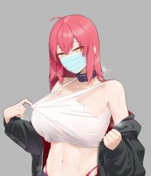 Rule 34 | 1girl, absurdres, ahoge, artist name, bare shoulders, black jacket, black pants, blue mask, breasts, clothes pull, collar, crop top, grey background, hair between eyes, highleg, highleg panties, highres, jacket, large breasts, long hair, looking at viewer, mask, midriff, mouth mask, navel, no bra, off shoulder, open clothes, open jacket, original, panties, pants, purple collar, red hair, red jacket, red panties, shirt pull, simple background, solo, sorath (svet yomi), steaming body, stomach, surgical mask, svet yomi, sweat, tank top, underwear, undressing, wet, wet clothes, white tank top, yellow eyes, zipper
