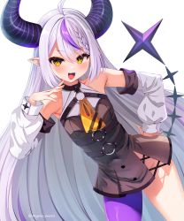 Rule 34 | 1girl, :d, absurdres, ahoge, armpits, bare shoulders, black dress, braid, cowboy shot, demon horns, detached sleeves, dress, fang, female focus, hand on own hip, hand up, highres, hololive, holox, horns, la+ darknesss, la+ darknesss (1st costume), long hair, long sleeves, looking at viewer, marota, multicolored hair, no panties, open mouth, pointy ears, purple legwear, short dress, sidelocks, simple background, single leg pantyhose, sleeveless, sleeveless dress, smile, solo, streaked hair, striped horns, thighs, tongue, very long hair, virtual youtuber, white background, white hair, yellow eyes