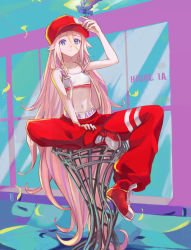 Rule 34 | absurdly long hair, andedalive, baggy pants, bird, bird on hand, blue eyes, character name, commentary, english commentary, falling feathers, feathers, hair flaps, hand on headwear, hand on leg, hand up, hat, highres, ia (vocaloid), long hair, looking at viewer, midriff, navel, pants, pink hair, red footwear, red hat, red pants, shoes, sitting, smile, sneakers, solo, song name, stomach, strapless, tube top, very long hair, vocaloid, white tube top, window