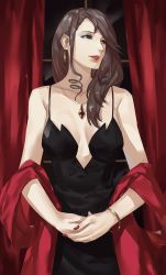 Rule 34 | 1girl, absurdres, bare shoulders, blazpu, breasts, brown eyes, brown hair, dress, earrings, formal, grey hair, highres, jewelry, long hair, looking at viewer, medium breasts, nail polish, niijima sae, persona, persona 5, persona 5 the animation, red eyes, simple background, solo
