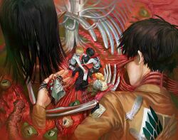 Rule 34 | 2girls, 4boys, ankle lace-up, armin arlert, black hair, black jacket, black pants, blonde hair, blood, blood on clothes, brown jacket, commentary, corpse, covered eyes, cross-laced footwear, dress, english commentary, entrails, eren yeager, exposed muscle, feathers, founding titan, from above, giant, giant skeleton, highres, holding, holding head, ikuta41, intestines, jacket, kneeling, long hair, lying, mikasa ackerman, multiple boys, multiple girls, multiple persona, on back, on stomach, organs, out of frame, pants, paradis military uniform, partially submerged, pointy ears, pool of blood, print jacket, red scarf, scarf, seashell, severed head, shell, shingeki no kyojin, shirt, shoes, short hair, size difference, spoilers, standing, titan (shingeki no kyojin), tooth, tree, veins, white dress, white footwear, white shirt, wing print, ymir fritz