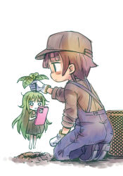 Rule 34 | 1boy, 1girl, blue footwear, blue overalls, boots, brown hair, cellphone, dress, gloves, green hair, hat, holding, holding phone, long hair, looking at phone, mandragora, mini person, minigirl, monster girl, original, overalls, phone, plant girl, saxyun, simple background, smartphone, white background