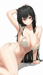 Rule 34 | 1girl, absurdres, arm support, arm up, armpits, azur lane, bikini, black hair, breasts, cleavage, collarbone, highres, large breasts, long hair, looking at viewer, lying, navel, official alternate costume, on side, parted lips, pixel (yuxian), red eyes, side-tie bikini bottom, simple background, solo, stomach, swimsuit, taihou (azur lane), taihou (seaside daydreams) (azur lane), very long hair, white background, white bikini, wristband