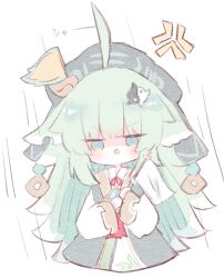 1girl ahoge anger_vein animal_ears blush_stickers chibi chinese_clothes cropped_torso eyebrows_hidden_by_hair flag flat_chest fox_ears fox_girl gradient_eyes green_hair holding holding_flag honkai:_star_rail honkai_(series) huohuo_(honkai:_star_rail) long_hair motion_lines multicolored_eyes nitori_22 open_mouth simple_background solo upper_body white_flag yin_yang_hair_ornament