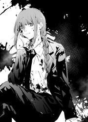 Rule 34 | 1girl, black jacket, black necktie, black pants, black suit, blood, blood on clothes, blood stain, braid, chainsaw man, dress shirt, formal, greyscale, hair behind ear, hand on own face, highres, jacket, long hair, long sleeves, looking to the side, makima (chainsaw man), monochrome, monochrome background, naughty face, necktie, pants, saitou shiori (pixiv14549321), shirt, sitting, smile, solo, suit, suit jacket, two-tone background, white shirt