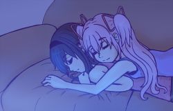 Rule 34 | 10s, 2girls, akemi homura, alternate hair length, alternate hairstyle, black hair, breast rest, breasts, caffeccino, closed eyes, couch, hair ribbon, kaname madoka, long hair, lying, lying on person, mahou shoujo madoka magica, mahou shoujo madoka magica (anime), multiple girls, on stomach, pink hair, purple eyes, ribbon, sleeping, small breasts, smile, twintails, yuri