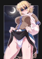 Rule 34 | 1girl, arm warmers, blindfold, blonde hair, bloom, blush, border, breasts, clothes lift, commentary request, cowboy shot, crescent moon, fundoshi, highres, japanese clothes, large breasts, lifting own clothes, mizuhashi parsee, moon, moonlight, night, night sky, nose blush, ootsuki wataru, outside border, panties, pointy ears, scarf, short hair, short sleeves, skirt, skirt lift, sky, solo, star (sky), starry sky, touhou, underwear, white panties, white scarf