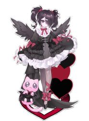 Rule 34 | 1girl, absurdres, acrylic stand, ame-chan (needy girl overdose), animal, black dress, black eyes, black footwear, black hair, black wings, bow, cat, closed mouth, clothed animal, commentary request, dress, emoji, feathered wings, frilled dress, frills, full body, gothic lolita, hair over one eye, highres, lolita fashion, long hair, long sleeves, mew (mewrurirun), needy girl overdose, pantyhose, pien cat (needy girl overdose), pleading face emoji, puffy long sleeves, puffy sleeves, red bow, red ribbon, ribbon, shoes, solo, standing, twintails, white background, wings