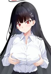 Rule 34 | 1girl, black hair, black skirt, blue archive, breasts, buttons, closed mouth, collared shirt, hair ornament, hairpin, halo, highres, large breasts, long hair, long sleeves, pleated skirt, raimu (clanberry000), red eyes, ringed eyes, rio (blue archive), shirt, simple background, skirt, solo, white background, white shirt