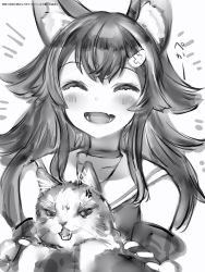 Rule 34 | 1girl, :d, anger vein, animal, animal ear fluff, animal ears, bad id, bad pixiv id, blush, cat, detached sleeves, emphasis lines, facing viewer, greyscale, highres, holding, holding animal, holding cat, hololive, long sleeves, monochrome, nanashi (nlo), ookami mio, ookami mio (1st costume), open mouth, school uniform, serafuku, smile, solo, upper body, virtual youtuber, white background, wolf ears