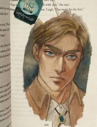 Rule 34 | 1boy, arabic text, artist name, blonde hair, collared shirt, cropped head, erwin smith, expressionless, highres, huge eyebrows, jacket, jewelry, looking at viewer, male focus, pendant, photo (medium), shingeki no kyojin, shirt, short hair, solo, tafart, teabag, traditional media, unconventional media